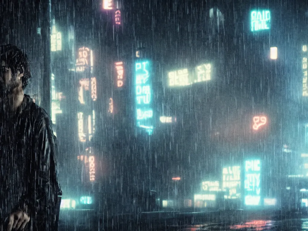 Image similar to Aaron Swartz in film still from Blade Runner 2049, beautiful lighting, raining, neon lights, cinematic depth, ultra-sharp details, imax post production, criterion collection, 8k