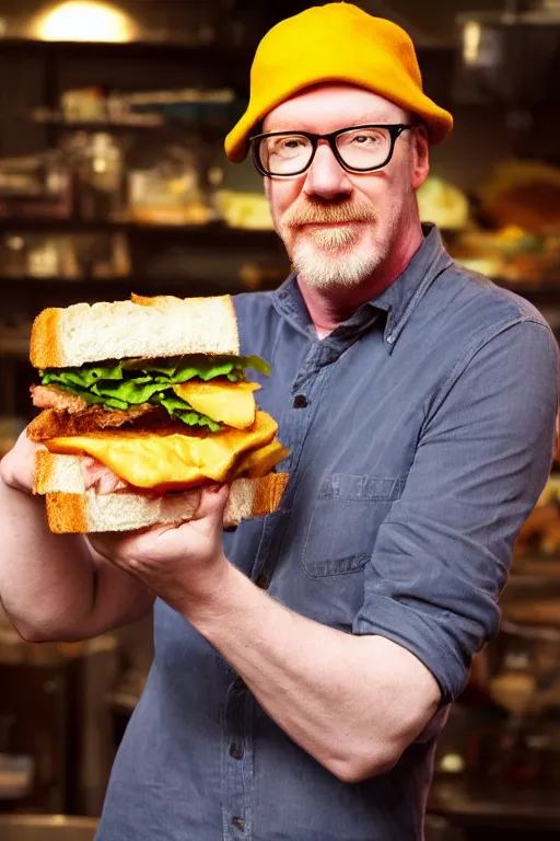 Prompt: 📷 portrait of adam savage with a sandwich head, food face, still image, high resolution, 4 k