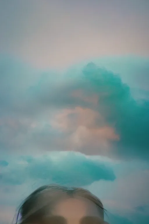 Image similar to high quality pastel coloured film close up wide angle photograph of a model wearing clothing swimming on cloud furniture in a icelandic black rock!! environment in a partially haze filled dreamstate world. three point light, rainbow. photographic production. art directed. pastel colours. volumetric clouds. pastel gradient overlay. waves glitch artefacts. extreme facial clarity. 8 k. filmic.