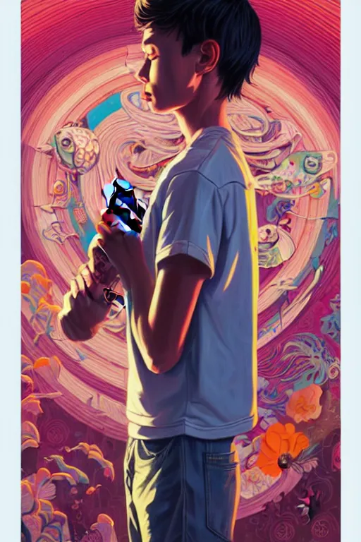 Image similar to a zombie teenager staring at their phone, tristan eaton, victo ngai, artgerm, rhads, ross draws