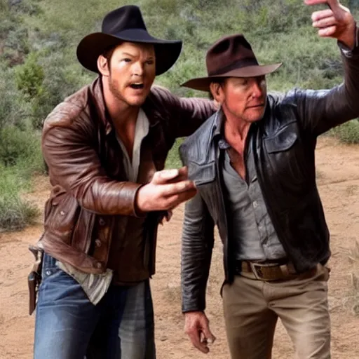 Prompt: chris pratt as indiana jones 5, epic pose, selfie with harrison ford