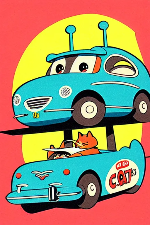 Image similar to by richard scarry. a cat shaped car. a 1 9 5 0 s retro illustration. studio ghibli. muted colors, detailed