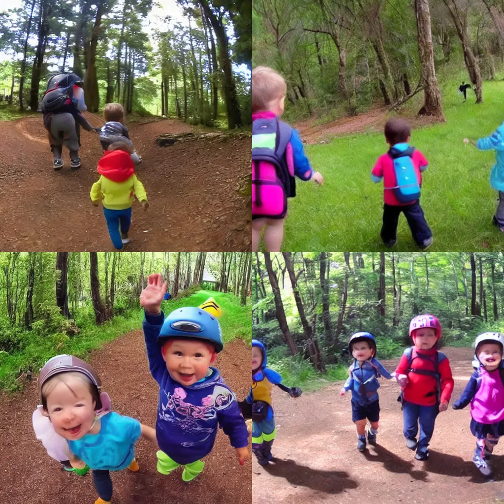 Prompt: group of toddlers trail footage gopro