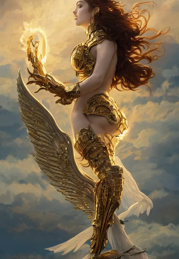 Image similar to A beautiful fierce angel with wings, wearing metal battle armor and a flaming sword, among heavenly sunlit clouds, intricate, elegant, detailed, digital painting, golden hour photography, medium shot, trending on artstation, concept art, smooth, sharp focus, illustration, art by artgerm and Greg Rutkowski and Alphonse Mucha