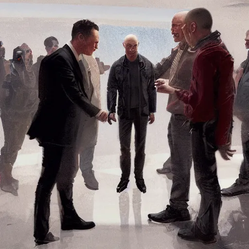 Image similar to illustration of a meeting between elon musk, mark zuckenberg, jeff bezos, very clear face, high quality, very detailled, by artgem, greg rutkowski, ruan jia