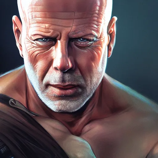 Prompt: bruce willis as sagat from street fighter, wearing an eye patch, 4 k, ultra realistic, detailed focused art by artgerm and greg rutkowski and alphonse mucha