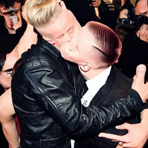 Image similar to skrillex and macklemore kissing with their hair entangled