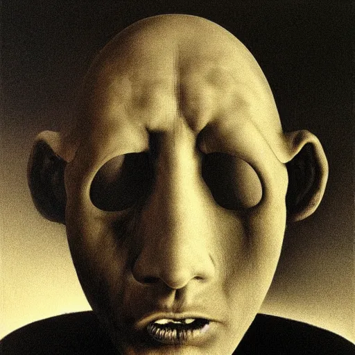 Image similar to man with redacted face by Zdzisław Beksiński