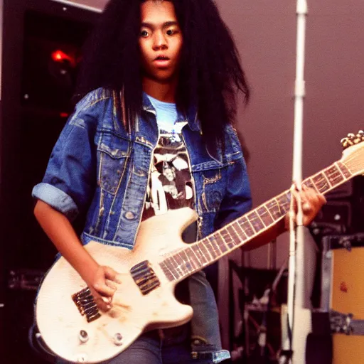 Image similar to 19-year-old black girl, African American girl, with long shaggy black hair, afro hair, wearing denim jacket and bell-bottom jeans, playing electric guitar, stoner metal concert, heavy blues rock, punk rock, noise rock, concert lighting, VHS quality, 1993 photograph