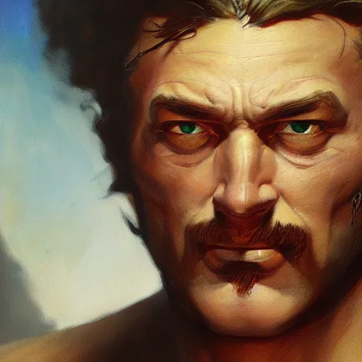 Image similar to ultra realistic portrait painting of victor saltzpyre, art by frank frazetta, 4 k, ultra realistic, highly detailed, epic lighting