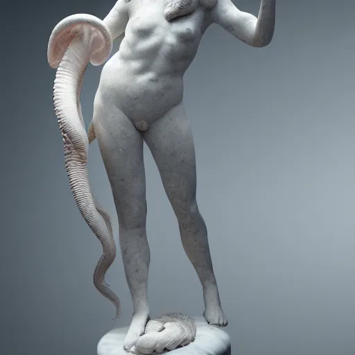 Image similar to marble statue by bernini, woman with ears shaped like an elephant's trunk, hair shaped like the feet of an octopus, dramatic lighting, octane render, 8 k