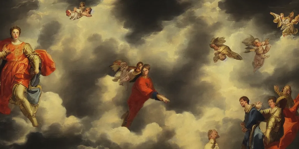 Image similar to painting of prince william, duke of cambridge with heavenly angels surrounding him with heavenly clouds in the background