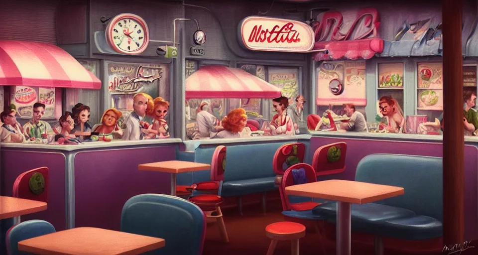 Image similar to closeup profile portrait of a 1 9 5 0 s diner, nicoletta ceccoli, mark ryden, lostfish, max fleischer, hyper realistic, artstation, illustration, digital paint, matte paint, vivid colors, bright, cheerful, detailed and intricate environment