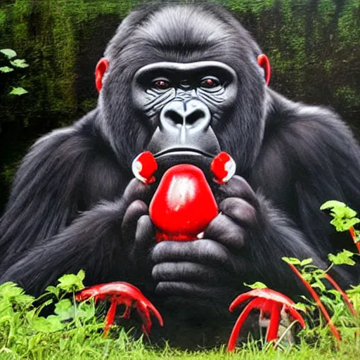 Image similar to gorilla wearing red headphones, holding a amanita muscaria, made by banksy