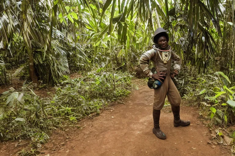 Prompt: a colonial closeup photograph of a Astronaut in a village at the river bank of Congo , Thick jungle, scary, evil looking, wide angle shot