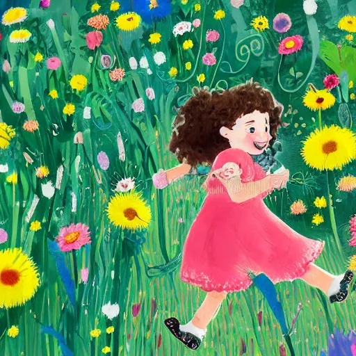 Prompt: a little girl with curly brown hair running through a field of flowers, highly detailed very beautiful fun children's book illustration by quentin blake