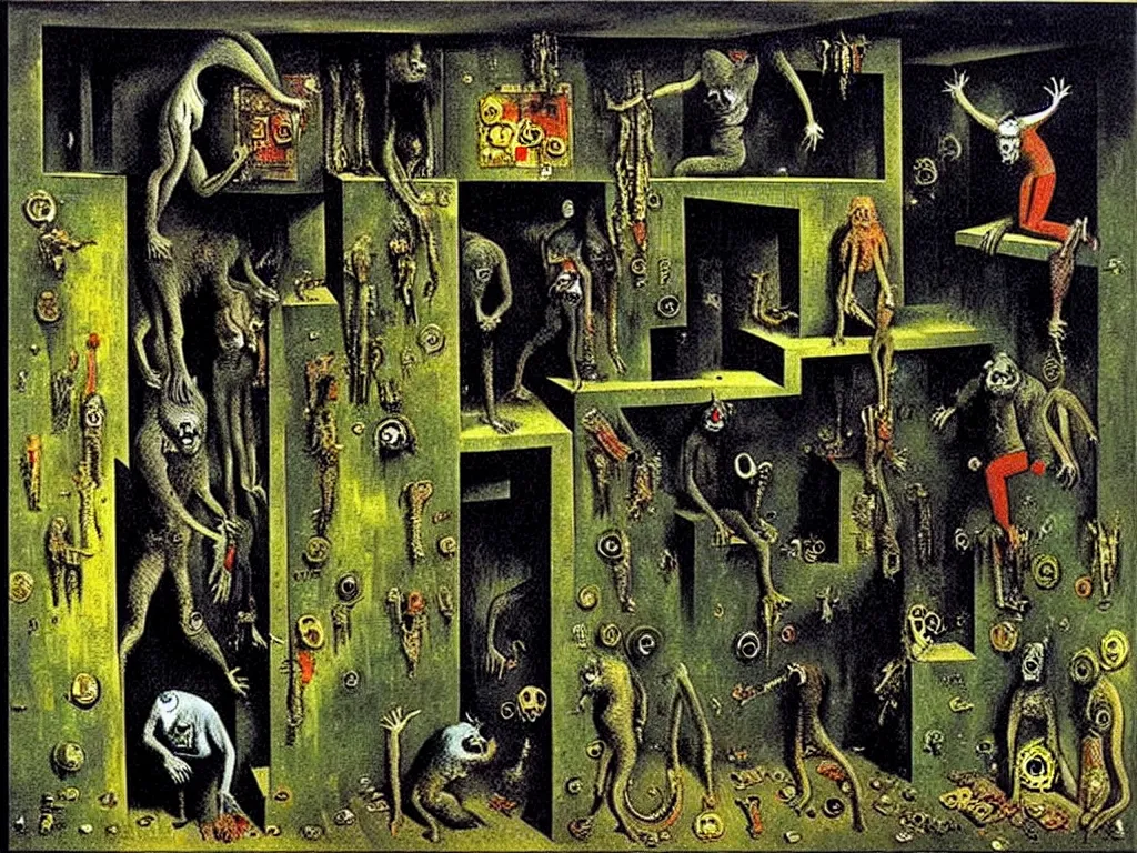 Image similar to bitcoin basement dweller, decadence and despair, underground ratman, art by max ernst