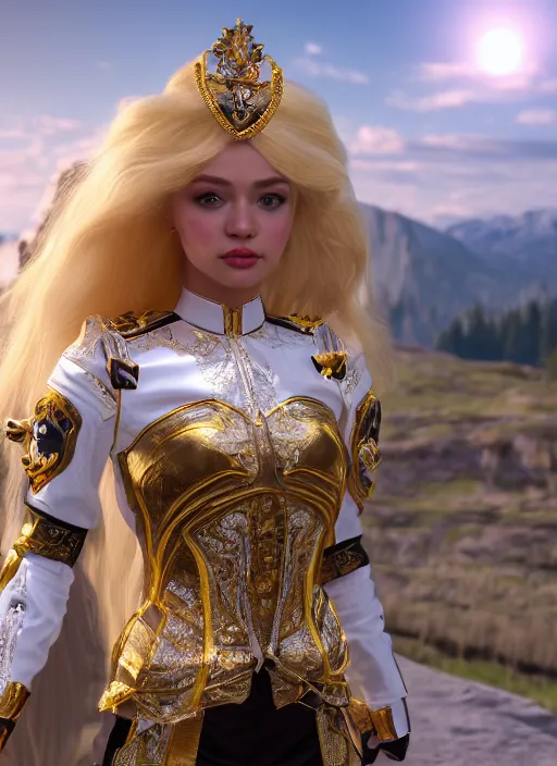 Prompt: a photo of 8 k ultra realistic humanoid princess with long blonde hair, standing next to a beautiful view, ornate white and gold officers outfit, cinematic lighting, trending on artstation, 4 k, hyperrealistic, focused, extreme details, unreal engine 5, cinematic, masterpiece