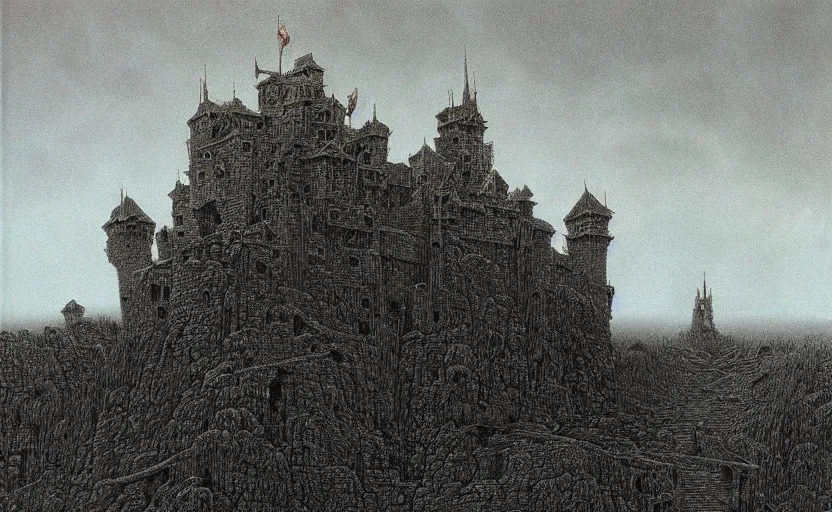 Prompt: menacing castle in hell dominates the landscape by beksinski