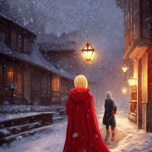 Image similar to blond girl in red cloak walks through snowy village by lamplight, detailed intricate ink illustration, dark atmosphere, detailed illustration, hd, 4k, digital art, overdetailed art, concept art, by greg rutkowski, by loish, complementing colors, Trending on artstation, deviantart
