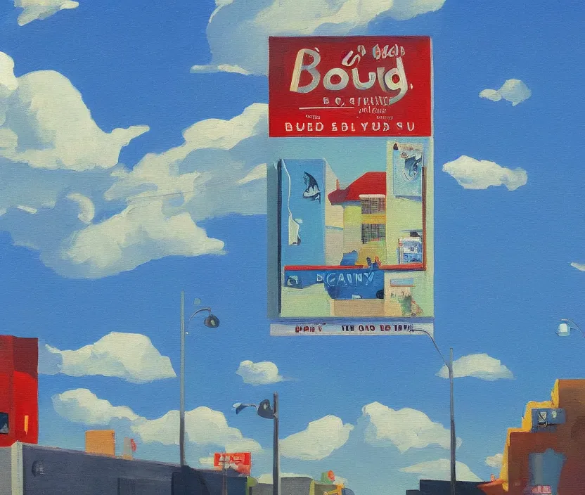 Image similar to a very detailed painting of one ad billboard, baby blue sky with very aesthetic stylized clouds, in the style of edward hopper and kandinsky, very small brushstrokes, 4 k,