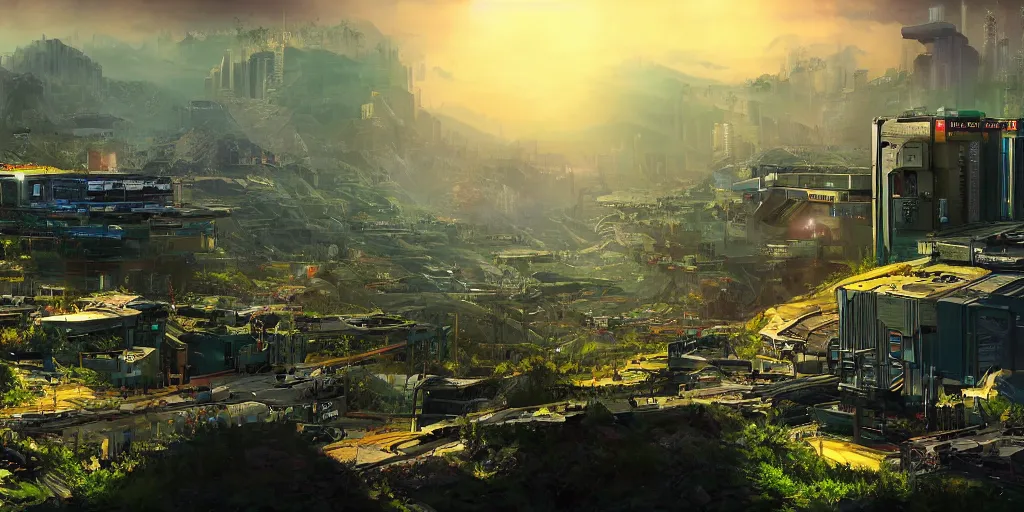 Prompt: a cinematic composition depicting : a computer run cyberpunk and solarpunk world, viewed from the cyberpunk mountain overlooking a hopeful and lush foresty solarpunk valley