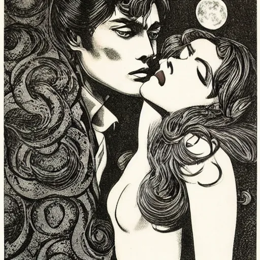 Image similar to 1 9 6 0 s drawing symmetrical pretty elegant brigitte bardot as a vampire kissing alain delon, very detailed intricate!!! intaglio, style of ( takato yamamoto )!!!, moon and stars and flowers tree