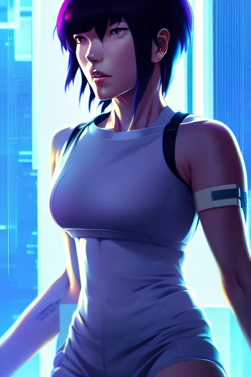 Image similar to a fullbody portrait of motoko kusanagi the major ghost in the shell connected to a supercomputer, stand alone complex, under repairs, maintenance by ilya kuvshinov, rossdraws, artgerm, sola digital arts, anti aliasing, raytracing