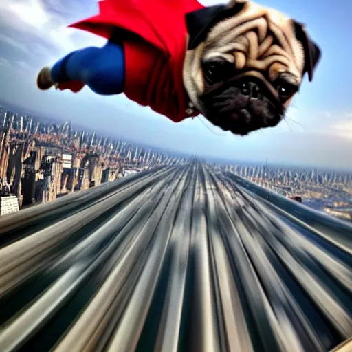 Image similar to A high quality action photo of a pug with old school brown pilot goggles flying like superman towards the camera, high above NYC, motion blur, high detail, zoomed in, fish eye lense