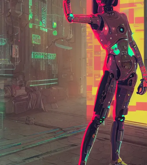 Image similar to robot woman with a hologram for a face, at a cyberpunk market, techwear, dead space, visible face, Industrial Scifi, detailed illustration, character portrait, by Martin Grip and Moebius