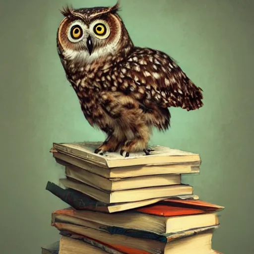 Prompt: long shot of a very cute young owl sitting on a pile of antique books, by esao andrews, by james jean, marc simonetti, humorous illustration, hyperrealistic, big depth of field, fresh colors, dim light, 3 d octane render conceptart, 4 k, hyperdetailed, trending on artstation