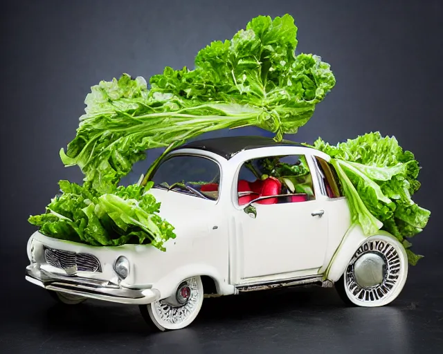 Prompt: car made of salad, studio light, dark background, 3 5 mm photography