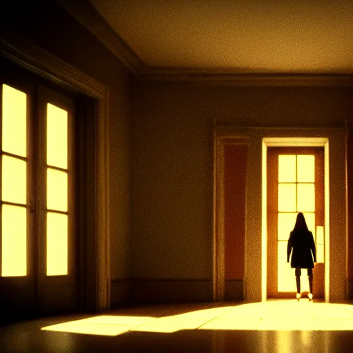 Image similar to The Shining Fanfilm, Volumetric Lighting, Anamorpic Lens, Cinematic Lighting, Hyperrealistic Rendering, Hyperdetailed, Intricate Details, Dynamic Lights, Raytracing