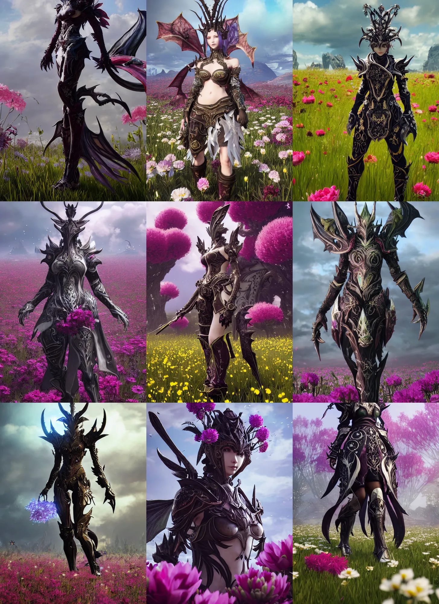 Prompt: a wide angle shot character portrait of an au ra with dragon scale skin standing in a field of flowers wearing warframe armor, in the style of final fantasy xiv, octane render, digital painting, a realistically proportioned face, photorealistic eyes, good value control, smooth, realistic shading, realistic face details, illustration, substance painter, very highly detailed