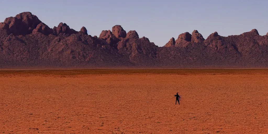 Prompt: of a photography of a man on walking on a desert with giant ants, with blue light dark blue sky, long cloths red like silk, ants are big and they shine on the sunlight, there are sand mountains on the background, a very small oasis on the far distant background along with some watch towers, ants are perfect symmetric insects, man is with black skin, the man have a backpack, the man stands out on the image, the ants make a line on the dunes, the sun up on the sky is strong, the sky is blue and there are some clouds, its like a caravan of a man guiding many ants on the dunes of the desert, colors are strong but calm, volumetric, detailed objects, Arabica style, wide view, 14mm,