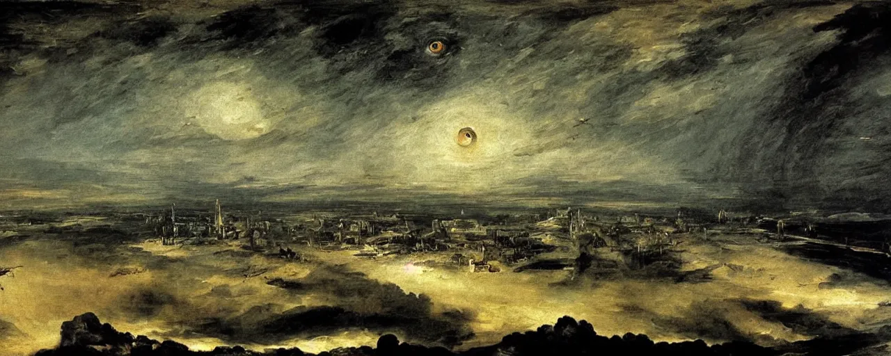 Image similar to A painting of the city of the future with an all-seeing human eye in the sky by Francisco Goya, highly detailed, Romanticism