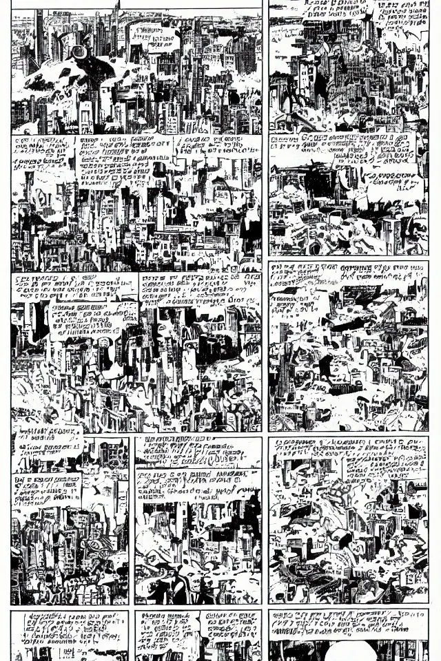 Prompt: comicpage with panels and speech balloon by Moebius showing the fall of the city of Babylon