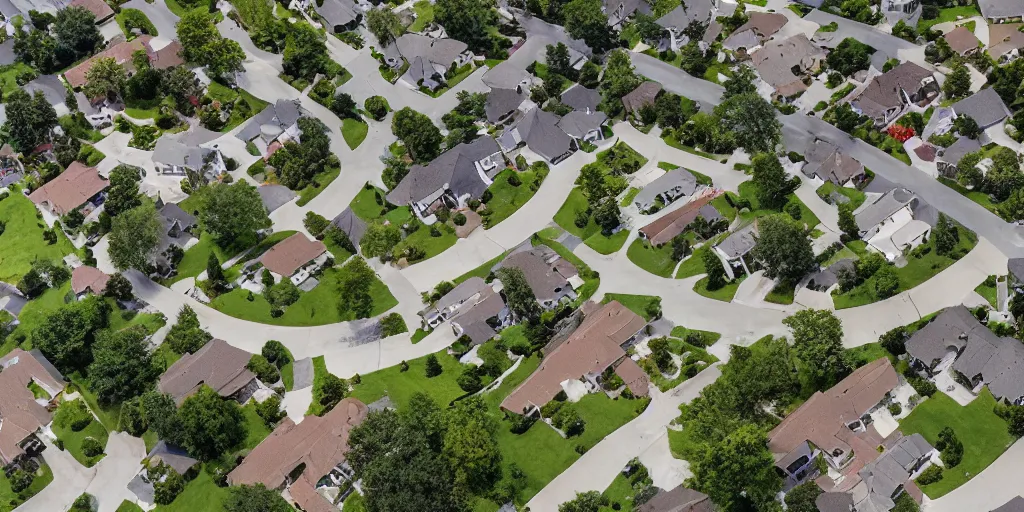 Prompt: an aerial view of a suburban neighborhood surrounded by a moat