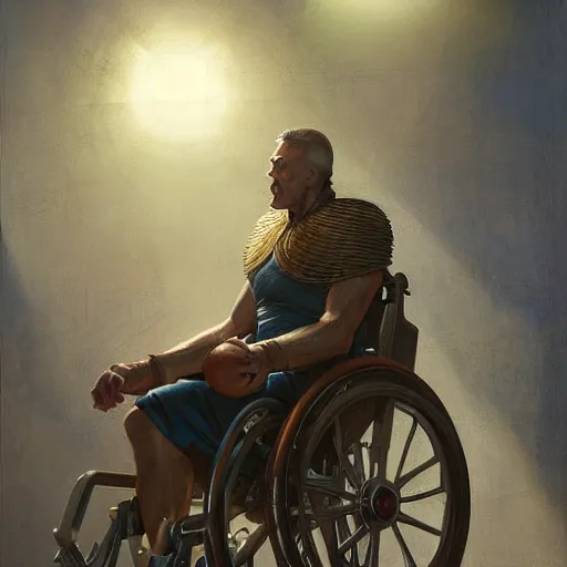 Image similar to handsome portrait of a wheelchair guy fitness posing, radiant light, caustics, war hero, playing wheelchair basketball, by gaston bussiere, bayard wu, greg rutkowski, giger, maxim verehin