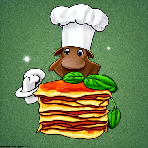 Image similar to cute platypus wearing a chef hat and holding a lasagna into an over, with three basil leaves over the lasagna, disney old style, ultradetailed, 3 d, disney style