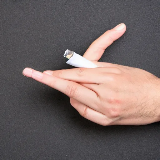 Prompt: normal male hand with five fingers ring and cigarette between middle and index fingers