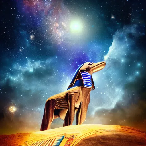 Prompt: realistic image of majestic egyptian god. beautiful majestic triumphant. realistic. beautiful. mysterious. intricately detailed. meticulously rendered. background nisbstarry skym astrophotography. epic. 4 k hd. trending on art station. h 7 6 8