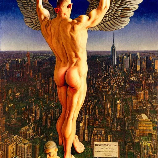 Prompt: marvelous detailed portrait of a ripped physique winged Nephilim Hank Hill Man with a halo standing above new york city. norman rockwell heorhiy narbut jessie wilcox smith beatrix potter joseph leyendecker acrylic painting