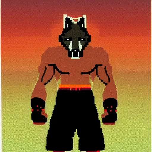 Image similar to full body portrait. 8 bit graphics. antropomorphic muscular masculine wolf. kickboxer fighter, in shorts. wolf head. furr on body. at night. burning houses on background, dark colors, 1 9 8 9