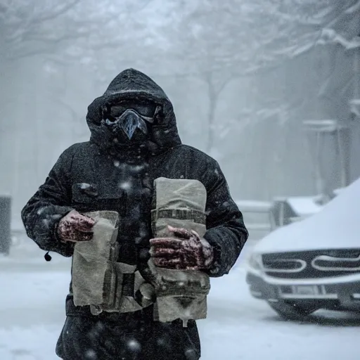 Image similar to man wearing arctic clothing, hood, ski goggles, gas mask, and a ballistic vest, in snow storm, apocalyptic.