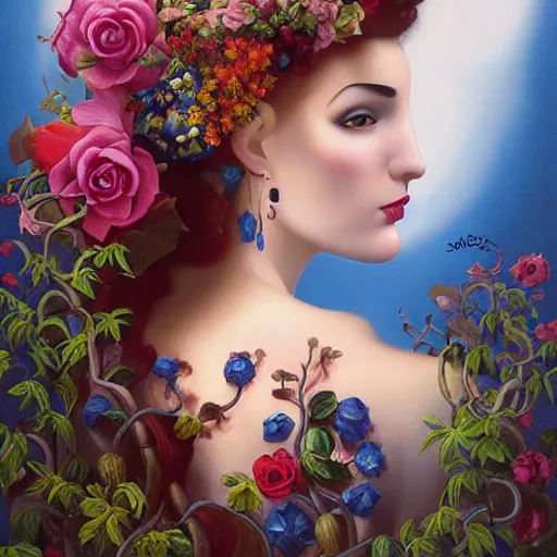 Image similar to dynamic composition, a painting of woman with hair of ( summer flowers )!! and vines wearing ornate earrings, ornate gilded details, a surrealist painting by tom bagshaw and jacek yerga and tamara de lempicka and jesse king, featured on cgsociety, pop surrealism, surrealist, dramatic lighting, wiccan, pre - raphaelite