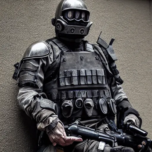 Prompt: Gruesome photo of a dying British mercenary wearing grey modern body armor surrounded by enemies, photo by Adam Ferguson, Pulitzer Winning, cinematic composition, breathtaking, modern, 2022