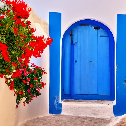 Image similar to photo of a brightly sun lit alley in santorini, with blue doors and shutters, and red flowers, 8 k