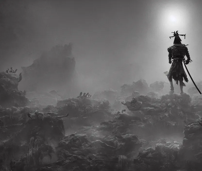 Image similar to samurai standing on a bunch of bodies with 6 arms , gloomy and foggy atmosphere, octane render, artstation trending, horror scene, highly detailded