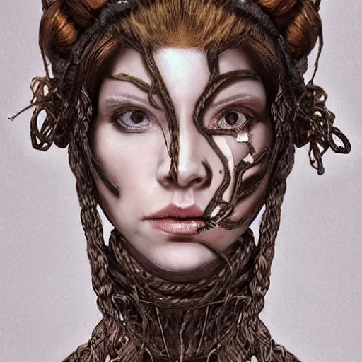 Image similar to portrait of a Shibari rope wrapped face and neck, headshot, insanely nice professional hair style, dramatic hair color, digital painting, of a old 15th century, old cyborg merchant, amber jewels, baroque, ornate clothing, scifi, realistic, hyperdetailed, chiaroscuro, concept art, art by Franz Hals and Jon Foster and Ayami Kojima and Amano and Karol Bak,